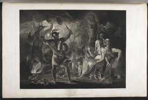 Macbeth. Act IV. Scene I. A dark cave. In the middle a cauldron boiling. Three witches. Macbeth. Hecate. Macbeth faces the witches and the apparitions; by his feet, inside a coiled snake, stand a small bloody child and a child wearing a crown and holding a