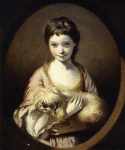 Portrait of Miss Emilia Vansittart, half length, wearing a Pink and White Dress holding a Dog