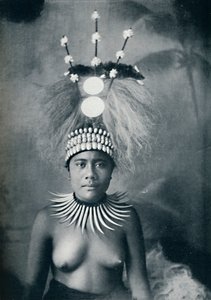 A Samoan woman wearing a collar of cachalots teeth and a ceremonial headdress by Josiah Martin