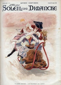 Winter fun: sleigh. An elegant couple in sledding and ice skating slides over the snow. According to J. Koppay. Engraving in Le sun-du-dimanche, January 22 by Joszi Arpad Koppay