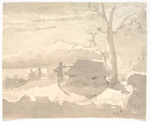 Landscape in Moonlight. A Hunter next to a Dolmen by Jørgen Roed