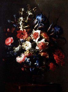 Irises, peonies, convolvuli and other flowers in an urn on a pedestal
