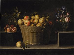 Apples in a wicker basket, an opened pomegranate on a silver plate and roses, irises and other flowers in a glass vase, on a stone ledge