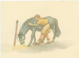 A Medieval Groom Brushing a Horse