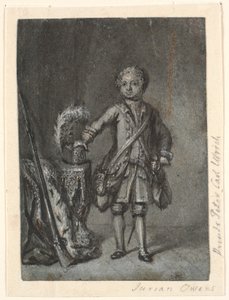 Portrait of a Standing Boy in Hunting Gear; Left a Table with Hunting Hat and Long Rifle. Prince Peter Carl Ulrich? by Jürgen Ovens