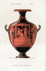 Greek Vase Decorating a Woman at Her Toilette Holding a Box of Cosmetics and Perfumes Assisted by a Slave Who Waves a Fan