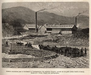 Mexican arastras (area trampled by the feet of the mules, as for the treading of the bles) for the grinding and amalgamation of silver ores (Gould and Curry factories) in the vicinity of Virginia City (Nevada), engraving after J.Ferat