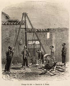 The weighing of the tea before its expedition on commercial markets in a gunpowder factory in Fati Bay (Canton Province), engraved after a drawing by J. Ferat illustrating the voyage to China, by J. Thompson, in 1870-1872, published in “Le tour du monde” 1 by Jules (after) Ferat