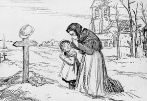 Widow and her small daughter crying over the tomb of their father and husband during the First World War, November 1