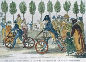 A Velocipede Race at Jardin du Luxembourg in 1818 after an Engraving of the Time, engraved by P. Comte