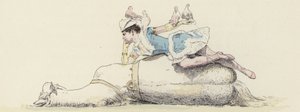 Circus performer, lying on a horse, with doves on her arm and head