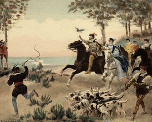 Residents of Theleme Abbey, the Thelemites, Hunting. Gargantua. Illustration by Jules Garnier. In 