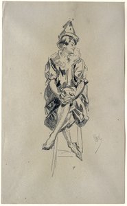 Seated Female Clown with Legs Crossed and Hands Clasped over Left Knee