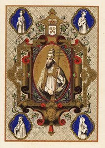 Portrait of Saint Gregory, Pope Gregory I, with triregnum or triple crown, and Papal ferula, within a decorative border