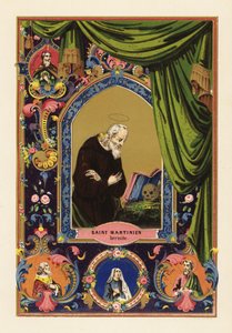 Portrait of Saint Martinian, Hermit of Caesarea in Palestine, with Halo, Reading Bible Leaning Against a Human Skull, within Decorative Border of Curtains and Foliage