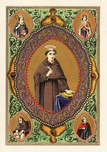 Portrait of Saint Thomas Aquinas, with Halo, Quill Pen and Bible, in a Decorative Border of Foliage and Gilt