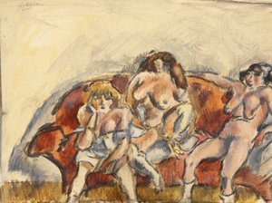 Three Women on a Red Sofa