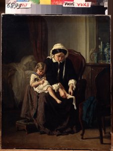 Morning toilette - A mother (or servant?) helping a child dress - Painting by Jules Treyer (1824-1908) by Jules Treyer
