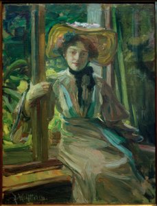 Girl with Hat by an Open Window