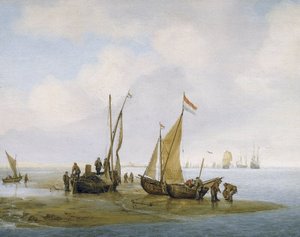 Fishing for mussels, three Dutch fishing boats on the shore, one of which has its sail raised, and groups of fishermen busy maintaining and unloading boats, farther down the beach, two others carry baskets full of mussels