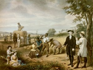 Washington the Farmer: George Washington (1732-1799) in the fields of Mont Vernon, his plantation in the Earl of Fairfax, Virginia. In the lower left corner are represented her two stepchildren, John and Martha Parke Custis. Lithography
