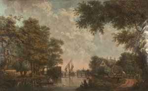 Wallpaper with Dutch landscape, belonging to the hall of Nieuwe Doelenstraat 22 by Jurriaan Andriessen