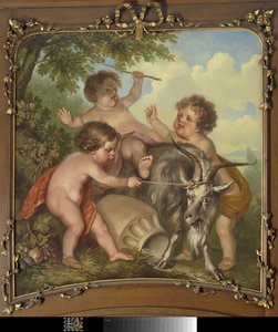 Three children playing with a goat