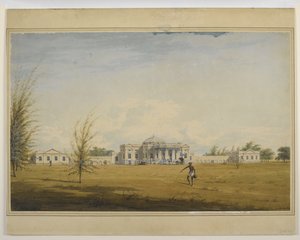 A European house in Madras, a palanquin and carriage at the door, a watercarrier in the foreground by Justinian Gantz
