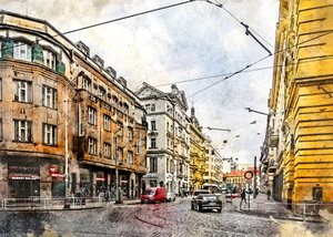 Watercolor European Tram Street