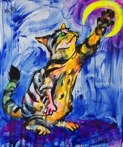 Colorful Cat Reaching Moon by Kanat Ibragimov