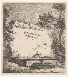 Frontispiece with Stepped Fountain, a Stone Wall with Water Spout Pouring Water into a Rec...