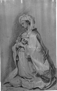 Kneeling Figure on a Cushion with Turban, Facing Left, Hands Folded Over Chest