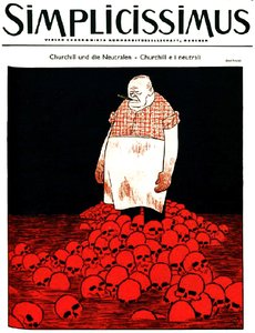 Cover of German Magazine Simplicissimus Depicting Churchill and a River of Blood and Skulls, c.1940