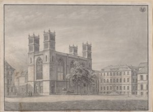 Berlin. Friedrichswerder Church. Perspective View and Variant with Four Corner Towers by Karl Friedrich Schinkel