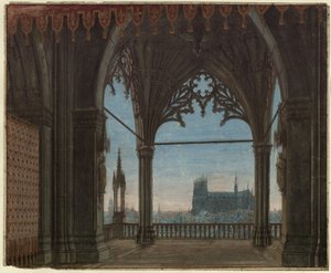 The Maid of Orleans. Tragedy by Friedrich Schiller. Design for the 8th Decoration. Gothic Hall with View of Reims
