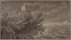 Rocky Seacoast with a Classical-Style Lighthouse in Rough Seas by Karl Friedrich Schinkel