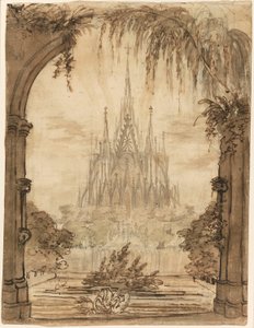 Gothic Cathedral Behind a Pond with Swans by Karl Friedrich Schinkel