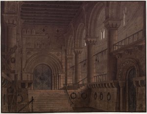 King Yngurd. Tragedy by Adolf Müllner. Design for the 5th Decoration. Hall in the Tower with the Gate of Death by Karl Friedrich Schinkel