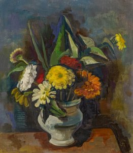 Bouquet in Gray Vase (Zinnias)