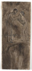 Composition sketch, nude man and woman with child. At the bottom, upside down, nude figure