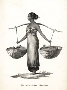 Malay girl with hair tied up carrying sneakers from a yoke. Lithograph from Heinrich Rudolf Schinz
