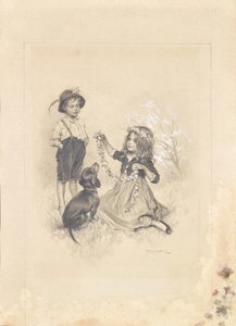 Two Children Playing on a Meadow with Flowers and a Dachshund by Karl Ludwig Prinz