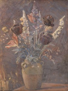 Clay Vase With Tulips and Other Flowers