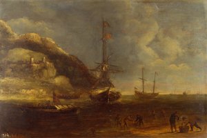 Coastal View with Shipping and Fishermen in the Foreground by Kasper van Eyck