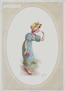 Girl in blue dress, with straw bonnet, holding rose
