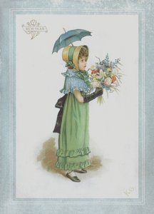 Girl in Green Dress, Holding Parasol and a Bouquet of Flowers