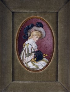 Oval portrait of a blonde girl wearing a plumed hat with her hands inside her muff by Kate Greenaway