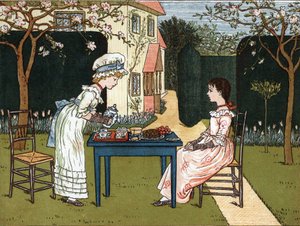 Time of the day: two young girls tasting it in a garden. Illustration from the book of tales and nursery rhymes for children “Under The Window” (1879), edited by Edmund Evans by Kate Greenaway