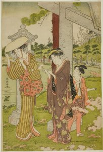 Picking Flowers at Kumano Junisha Shrine in Tsunohazu by Katsukawa Shuncho