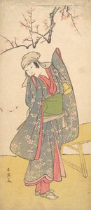 The Fourth Iwai Hanshiro as a Young Girl Standing by a Wooden Bench by Katsukawa Shun